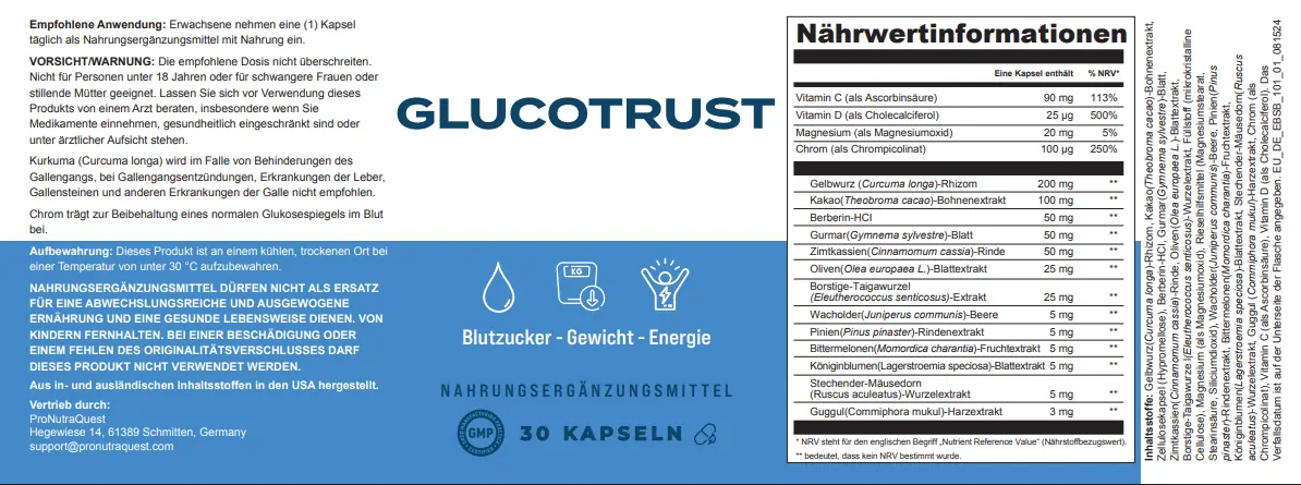 GlucoTrust Nährwertinformationen und Inhaltsstoffe Label